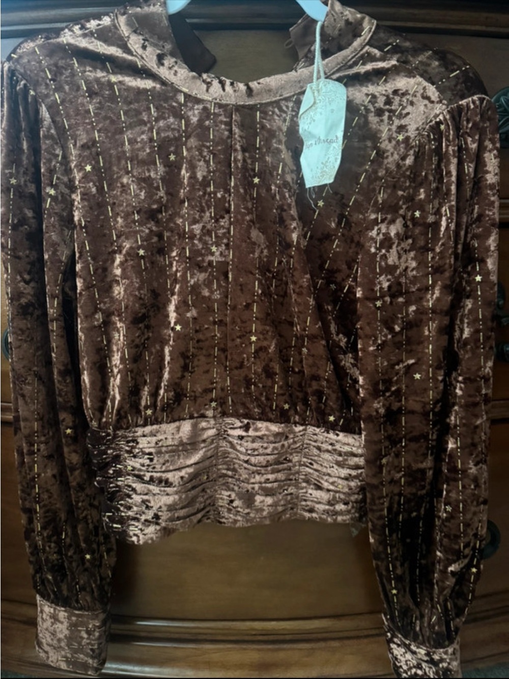 Hem & Thread Brown Crushed Velvet Star-Stripe Mock Neck Top